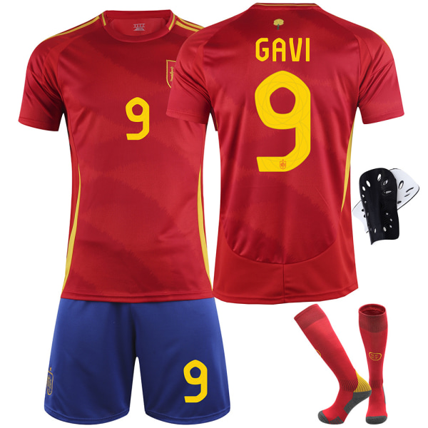 2024 Spanien Europamesterskab trøje nr. 9 Gavi 26 Pedri 7 Morata 16 Rodri fodboldsæt Size 16 socks + protective gear XS