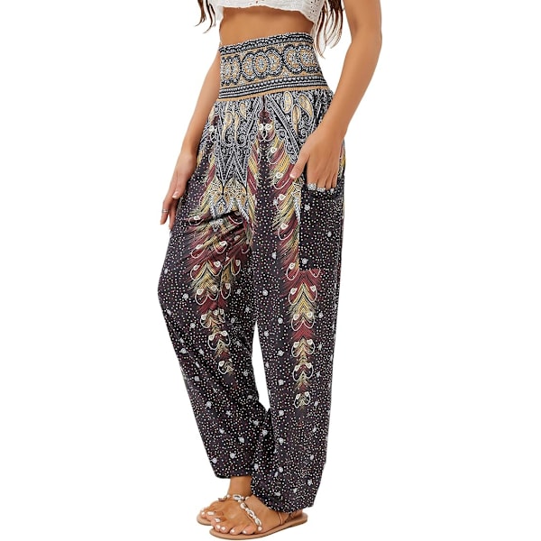 2-delade Harem-byxor för kvinnor, hög midja Yoga Boho-byxor med fickor
