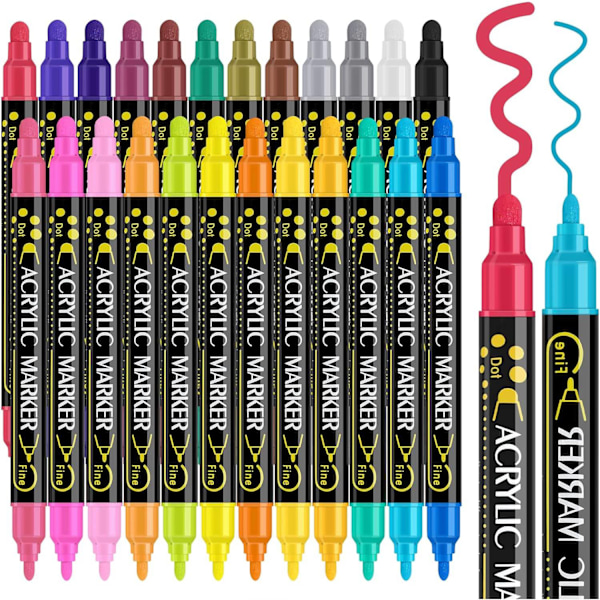 24 Värillinen Kaksinkärkinen Akryylimaalauskynät DIY-Töihin - Premium-taidetarvikkeet puun, kankaan, kiven, lasin ja keramiikan maalaamiseen 36 pcs