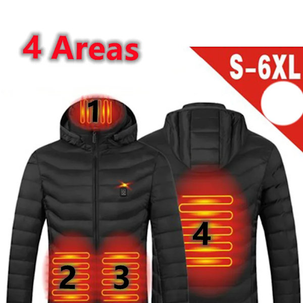 Herrar 19 Zoner Uppvärmd Jacka USB Vinter Utomhus Elektrisk Uppvärmning Jackor Varma Sport Termisk Rock Kläder Uppvärmd Bomullsjacka 4 Zoner Svart 4 Areas Black Asian size 5XL