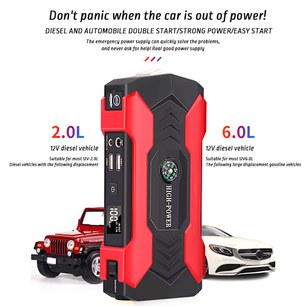 12V Motorbil Powerbank Starter Motor Bærbar Jump Starter med LED Lommelygte Biler Nødoplader USB Opladning Rød ed