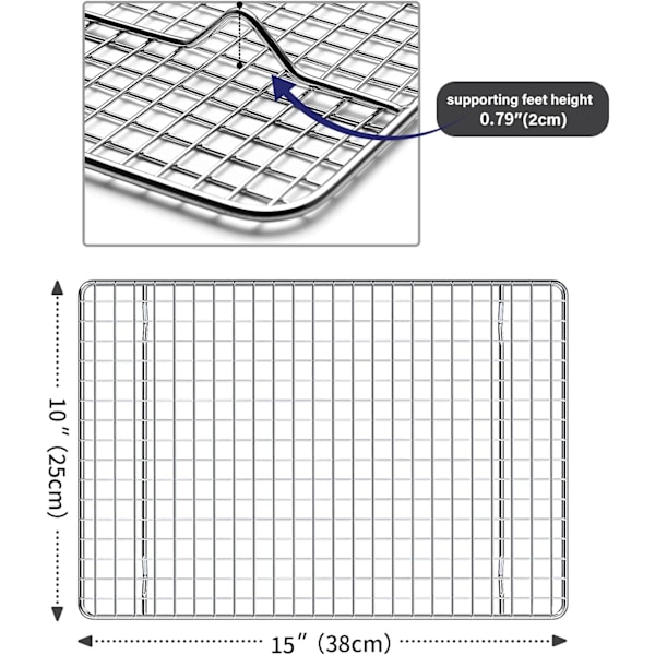 2 stk. Køkkenrist Kølehylde 100% Rustfrit Stål 304, 38*25*2cm, Pålidelig og Rustfri Ovn, Perfekt til Madlavning og Grillning