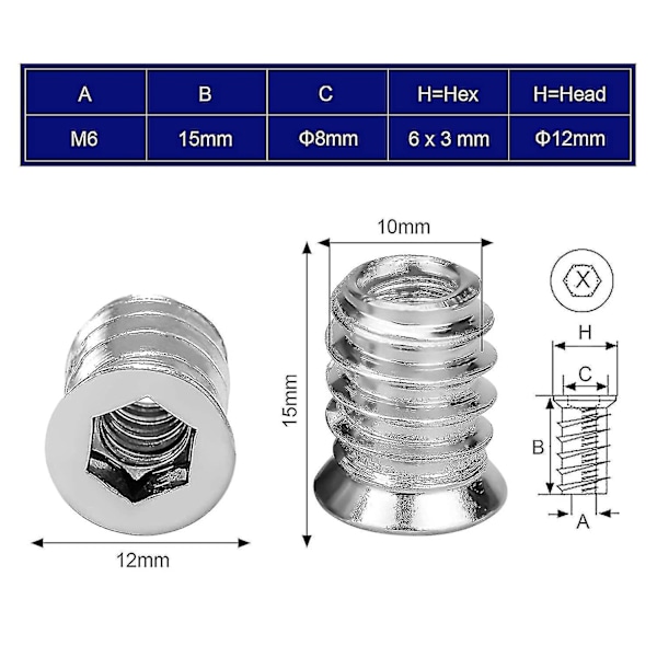 100 st trägängade insatser sexkantsmutter M6 x 15 mm zinklegering skruvinsats gängad hylsa skruv M6 träinsats för möbler stolar träbäddar