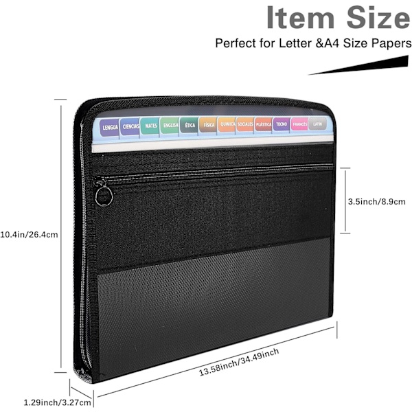 A4-perm, 13 rom Dokumentmappe Permmappe Sorteringsmappe med glidelås, dokumentveske Mappe Lever Arch-perm og sterk plast for kontor Black Expanding Folder