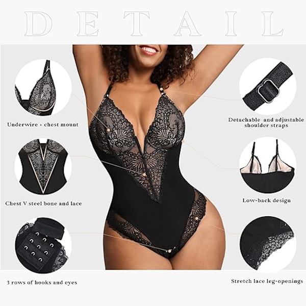 Popilush blonder Shapewear Body for kvinner med V-hals og truse i svart Black 3XL
