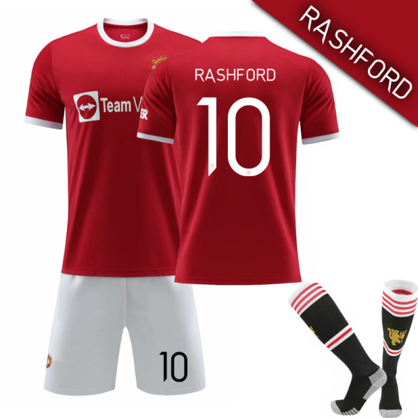 21-22 Champions League version av Red Devils hemma nr 7 Ronaldo tröja nr 6 Pogba nr 10 Rashford vuxen dräkt Size 10 with socks XS#