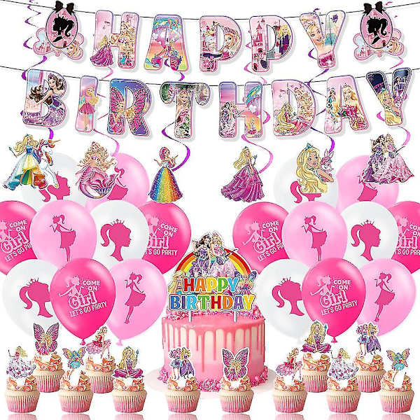 37 pcs Barbie Happy Birthday Party Decoration, pink Barbie Cartoon doll Banner Cake Topper Barbie Balloons