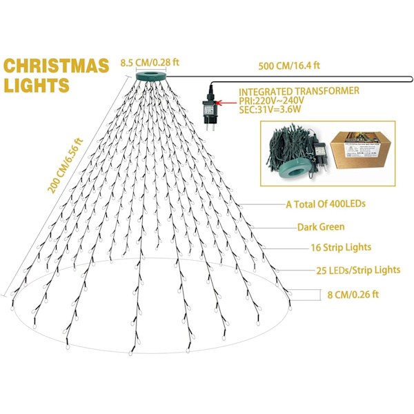 Varmt vita LED-ljusslingor, aneeway Julbelysning med 8 ljuslägen, 400 LED Julgransljusslingor med timerfunktion, för fester,