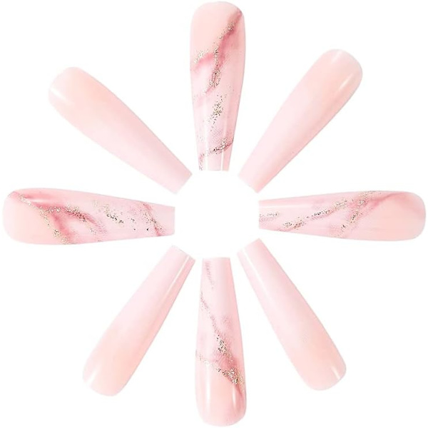 Arkku Väärennetty Kynnet Marmori Pitkä Väärennetty Kynnet Kulta Kalvo Lehdistö Kynnet Ballerina Akryyli Stick Kynnet 24kpl Naisille Ja Tytöille beige