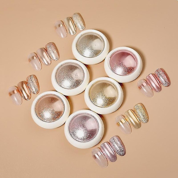 6 lådor roséguld krom nagelpulver, nagelkonst pigmentpulver set