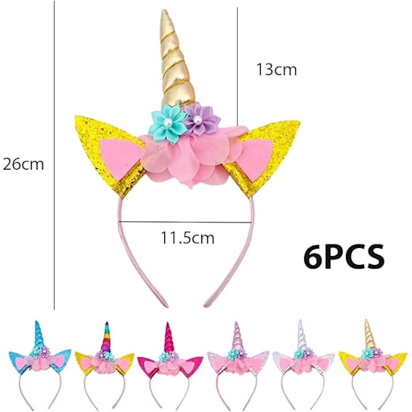 6 stk. Regnbuehest Hodebånd, Dyr Hodebånd, Dyr Hodebånd med Ører og Blomster, Tegneserie Hodebånd for Fest, Cosplay Hodeplagg (6 Farger)