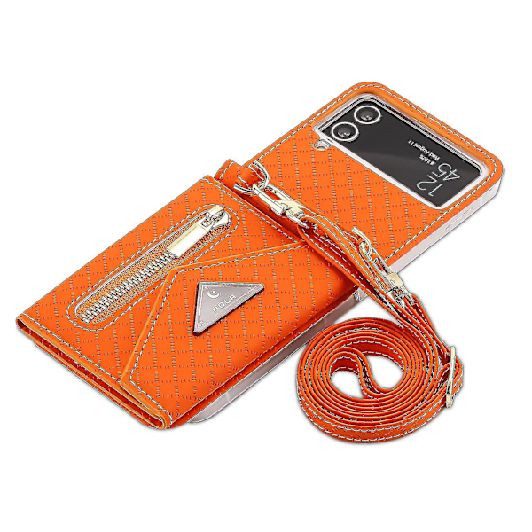 Lompakko Kotelo Yhteensopiva Galaxy Z Flip 4:n kanssa, Ristiriimu Lanyard PU Nahka Suojaava Kotelo Korttipaikoilla Oranssina Orange For Galaxy Z Flip 4