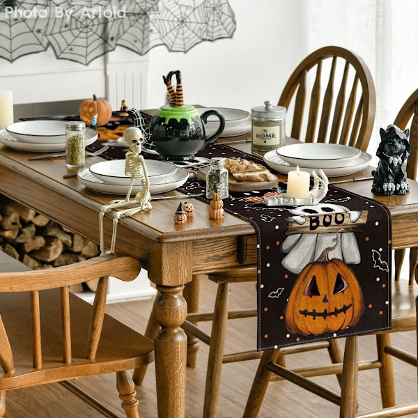Polka Dot -haamu-kurpitsakissan Boo Halloween -pöytäliina, lepakko -kausi -syksy -keittiö -ruokapöydän koriste kotiin -juhlat -koristelu 13x72 tuumaa