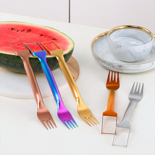 2 i 1 Snabb Vattenmelon Skärare med Gaffel Bärbar Melon Skärare för Sommarfester Gold