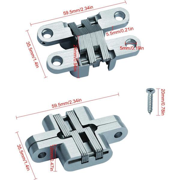 2 stycken dolda kors dolda gångjärn för skåp skåp trälåda, 180 graders osynlig fällbar dörrgångjärn, silver, zinklegering och rostfritt stål
