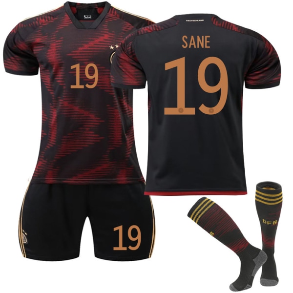 Saksan 22-23 vieraspelipaita musta ja kulta, nro 11 Reus 8 Kroos 13 Muller 19 Sane jalkapalloasu lyhyt No. 19 with socks #2XL