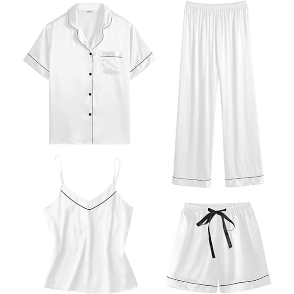 4-delt pysjamassett for kvinner i silkesatin, sexy nattøy, loungewear, hvit White M