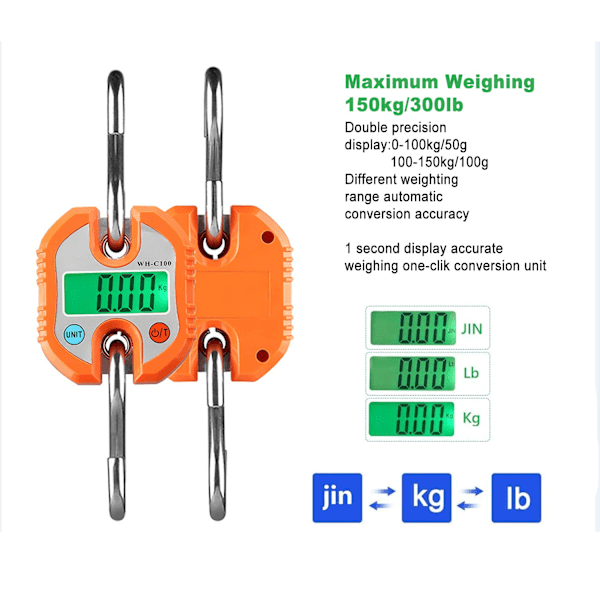 Bagasjevakter Kranvekter 150 kg Digitale Bagasjevakter med Kroker Bærbare Hengende Vekter med LCD-skjerm oransje