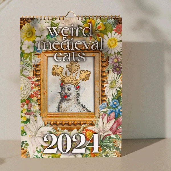 Konstig medeltida katter kalender 2024, med roliga månatliga kattbilder - Slank design 2024 väggplanerare - Kattkalender - Roliga julklappar 2 pcs