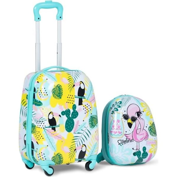 COSTWAY barnväska på hjul 16'' barnresväska + 12'' Flamingo barnryggsäck