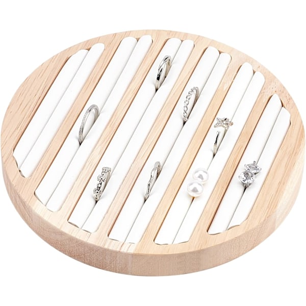 Træ smykker display bakke, 6 rum ring ring øreringe display holder opbevaring hvid læder indsats O
