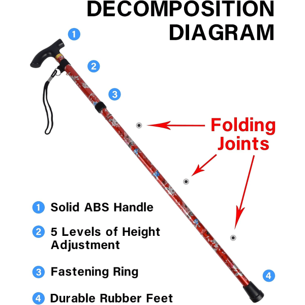 Punainen - 1 taittuva kävelykeppi, kukkakuvioinen alumiininen kävelykeppi