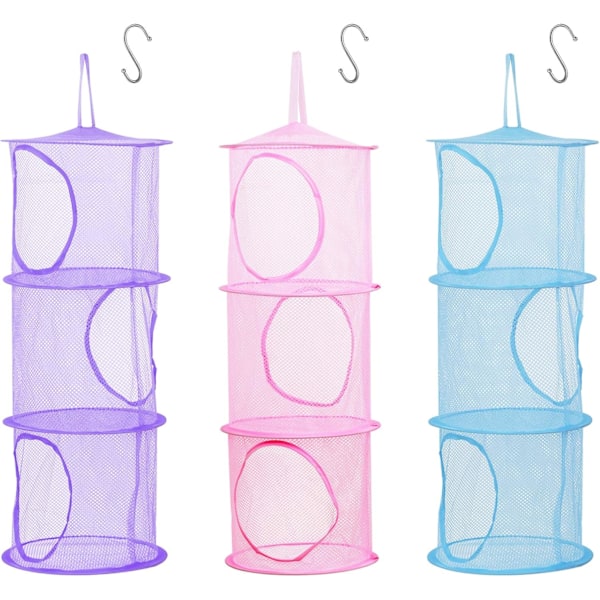 3-pack förvaringsnät för barn (rosa, lila, blå - 75*27 cm), hopfällbar nätkorg med S-krok för gosedjur, små kläder, underkläder, strumpor