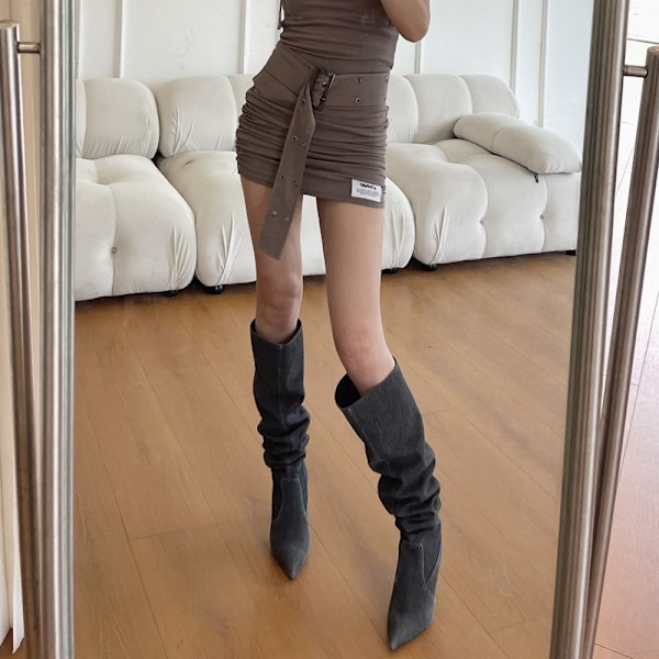 【Tricor Store】Denim Knee High Boots med plisserte høye hæler for damer i svart Black 39