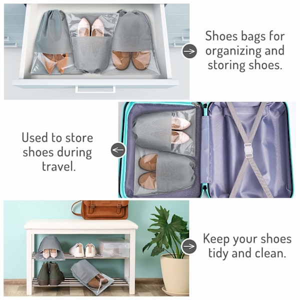 15 stk. rejseskoposer, store poser i non-woven stof med snørelukning (lysegrå)