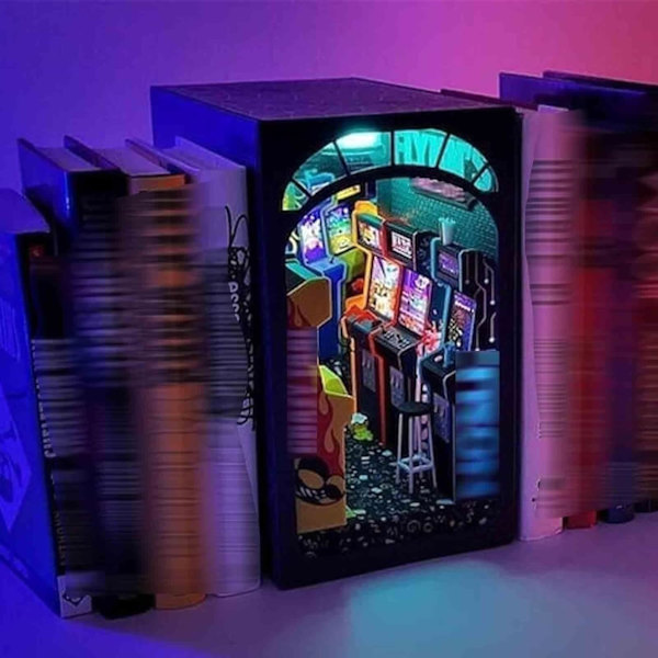 Arkadtema 3D träpussel bokstöd - DIY LED bokstöd kit för tonåringar och vuxna, bokhylla dekor