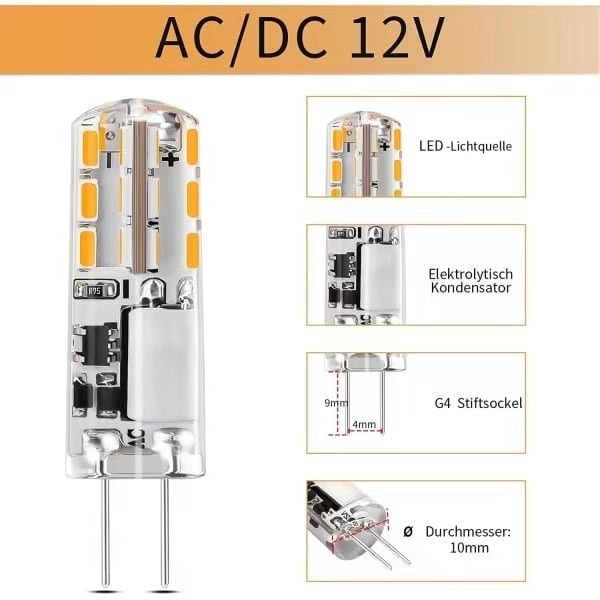 10x G4 LED-polttimot 12V AC/DC Lämmin valkoinen 3000K 2W, himmennettävä valo-WELLNGS