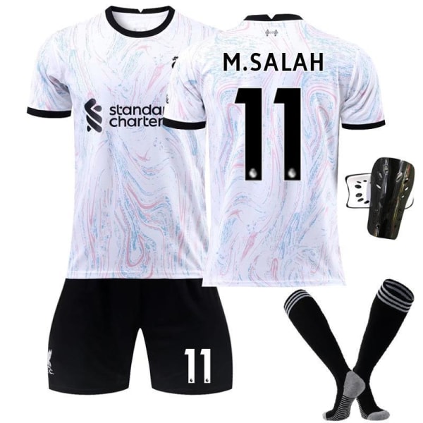 22-23 Liverpool borta 11 Salah grå och vit fotbollströja med strumpor 2223 Liverpool away number 4 #16