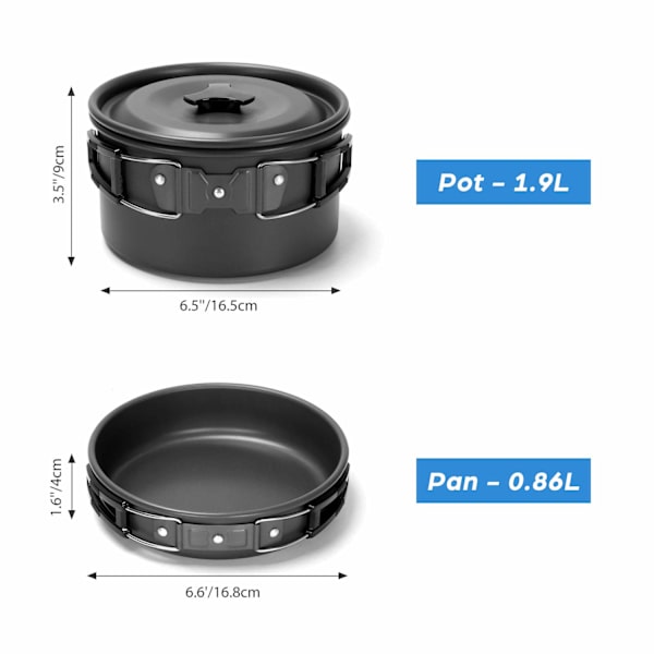 Camping kokekar med sammenleggbar camping komfyrsett, Non-Stick sett for utendørs matlaging og piknik for 2 personer