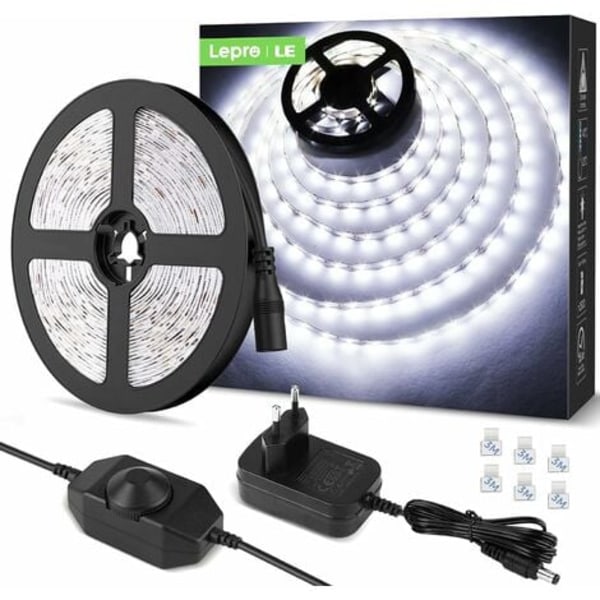 5M LED 1200Lm Kallt vitt dimbart, 12V 6000K 300Leds 2835, självhäftande LED-remsa med dimmer, kontakt+transformator, inomhusbelysning för möbler, trappor, sovrum, kök