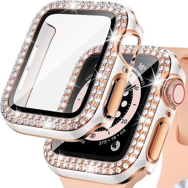 Bling Glass+ cover til Apple Watch Case 45mm 41mm 40mm 44mm 42mm 38mm Diamant bumper+skærmbeskytter iwatch serie 7 9 8 5 6 SE B hvid ro B white rose 44mm Series 654 SE