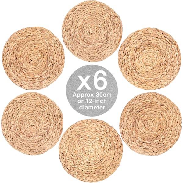 6 x Vannhyasint Plassmatter Runde 30 CM, Kvalitetsvevde Kurvplassmatter, Pl D