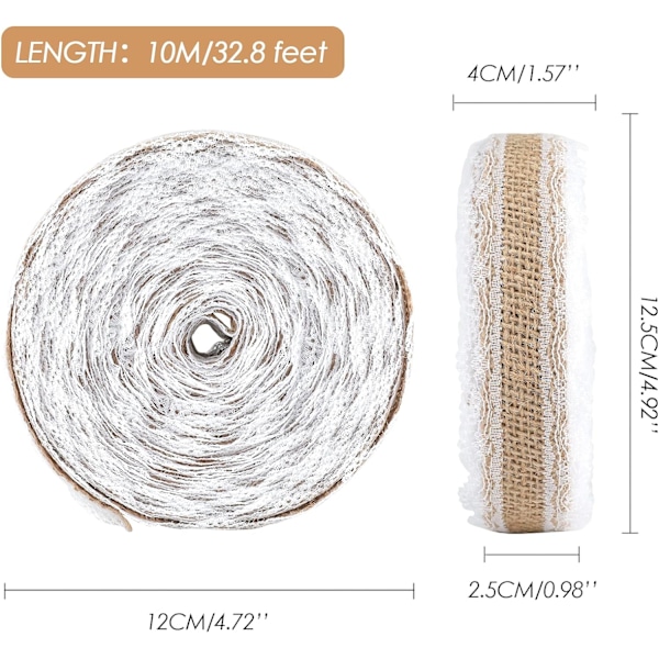 Jute Trim Burlap Bånd - 10M Hessian Bånd med Blonder - 2,5 cm Natur Frynse Bånd med Blonder til Vintage/Rustik Tema Bryllupshåndværk Beige beige Style 5