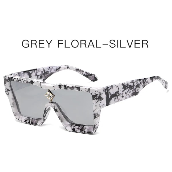 Stora bågar mode solglasögon one-piece bit fyrkantig ram kvinnlig personlighet diamant ris spik solglasögon Gray floral normal