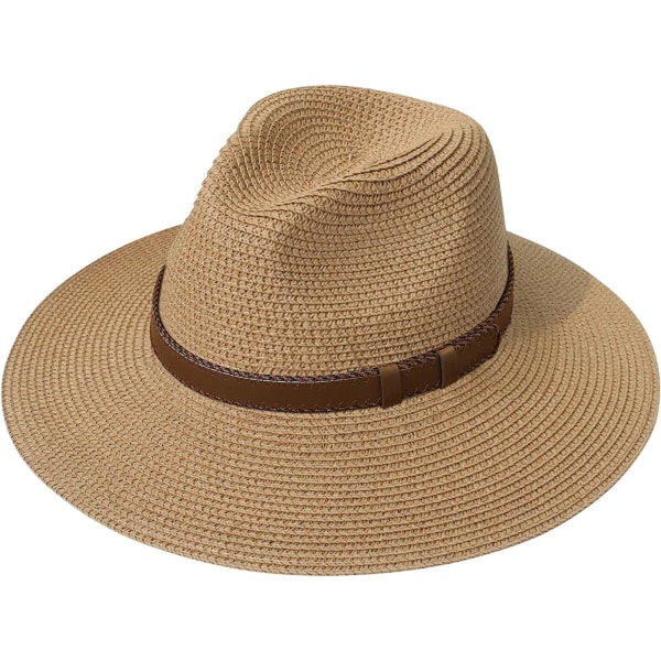 Dam Straw Panama Hat Fedora Strand Sol Hat Bred Brätte Straw Roll up Hat UPF 50+ Bälte Khak Belt Khaki One Size