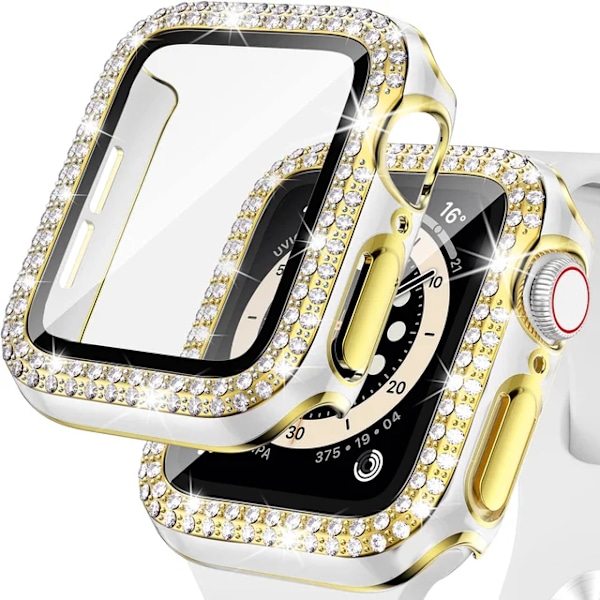 Bling Glass+ deksel for Apple Watch Case 45mm 41mm 40mm 44mm 42mm 38mm Diamant støtfanger+skjermbeskytter iwatch serie 7 9 8 5 6 SE B hvitt gull B white gold 42mm Series 321