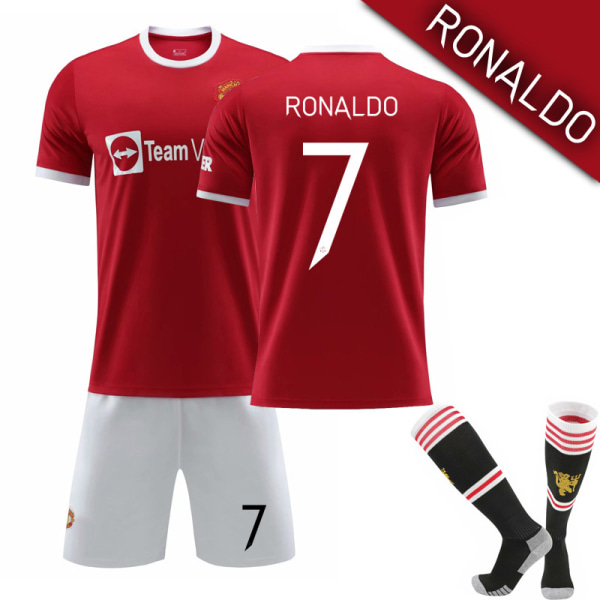 21-22 Nya Red Devils Hemma Nr. 7 Ronaldo Tröja Nr. 6 Pogba Fotbollströja Set Nr. 18 Stjärna med Originalstrumpor Champions League No. 7 socks L#