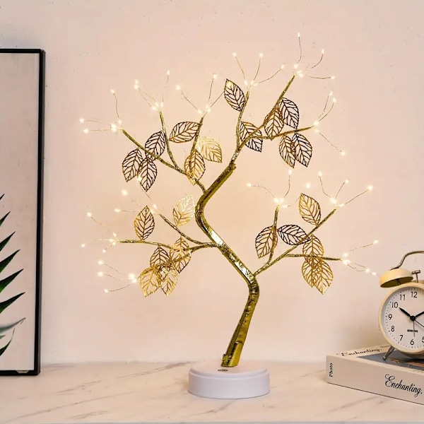Kultainen lehtipuuvalo, kosketuskytkin, kaksois-USB/AAA-paristokotelo, LED kaunis ja maaginen bonsai-puuvalo