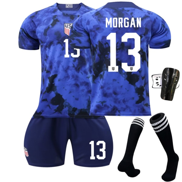 Fotballdrakt for USAs landslag, borte, blå, nr. 10 Pulisic, 8 McKennie, 13 Morris, VM-drakt 22-23 2223 USA away game no number #16