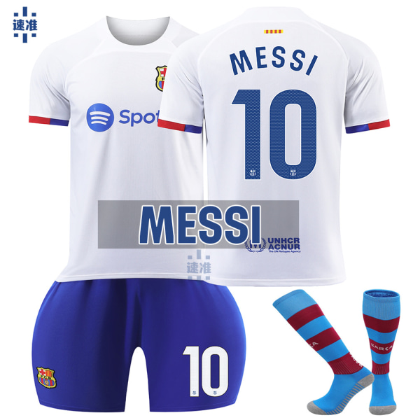 23-24 Barcelona bortafotbollsdräkt nr 9 Lewandowski kostym 6 Gavi 21 De Jong 10 Messi barntröja med strumpor Messi No. 10 with socks M