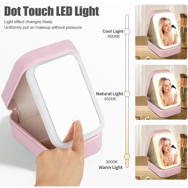 Makeuptaske med spejl, rejsemakeup-organizer med LED-spejl, bærbar kosmetikpose med 3 farver justerbar lysstyrke Pink
