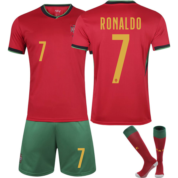 24-25 Europæisk Cup Portugal hjemme fodboldtrøje sæt nr. 7 Ronaldo trøje nr. 8 B Fee trøje børnesæt No size socks + protective gear 18 yards