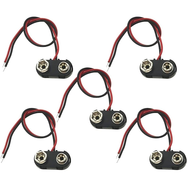 5 stk. 9V batterisnap-stik med 9 volt batteriklemmer, spændeskobling, plasthus, T-type