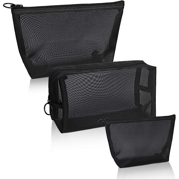 Mesh Kosmetikpose 3 Dele Rejse Toilettaske med Lynlås Makeup Organizer Tasker til Mænd og Kvinder (Sort)