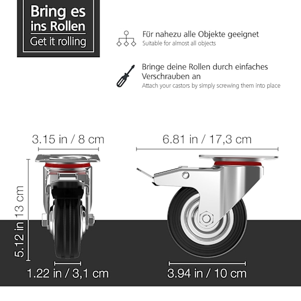 Castor Set om 4 100mm Swivel Castors med Broms - Möbelhjul upp till 50 kg Var - Hög Belastning - Inomhus och Utomhus Gummi - Industrihjul