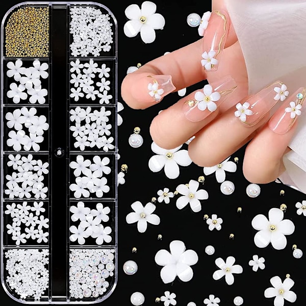 Pakke med 3D Blomster Nail Art Dekorationer, Hvide Blomster Nail Sten Kit 3D Cry